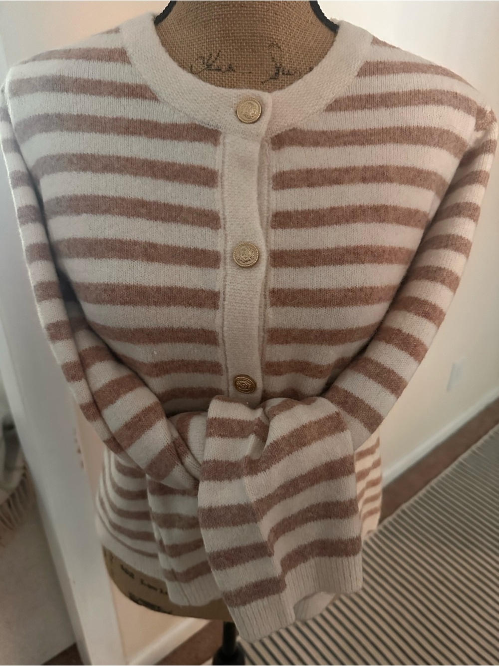 Striped Crewneck Button-Front Becool Cardigan